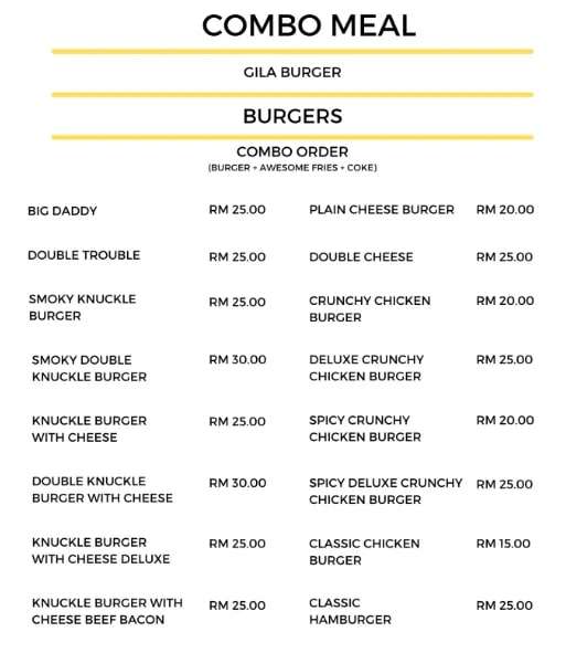 Menu Combo gila burger