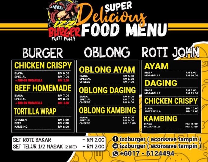 Menu IZZ Burger