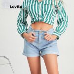 Lovito Casual Denim Basic Pocket Roll Up Pambahay Women Shorts L10960 (Light Blue/Dark Blue/White) hanya RM27.06 di Shopee