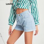 Lovito Casual Denim Basic Pocket Roll Up Pambahay Women Shorts L10960 (Light Blue/Dark Blue/White) hanya RM27.06 di Shopee