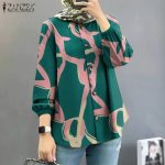 ZANZEA Women Muslim Fashion Long Sleeves Puff Sleeves Round Neck Printing Shirts hanya RM27.60 di Shopee