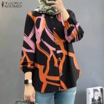 ZANZEA Women Muslim Fashion Long Sleeves Puff Sleeves Round Neck Printing Shirts hanya RM27.60 di Shopee