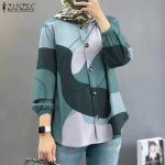 ZANZEA Women Muslim Fashion Puff Sleeves Long Sleeves Round Neck Printing Shirts hanya RM24.66 di Shopee