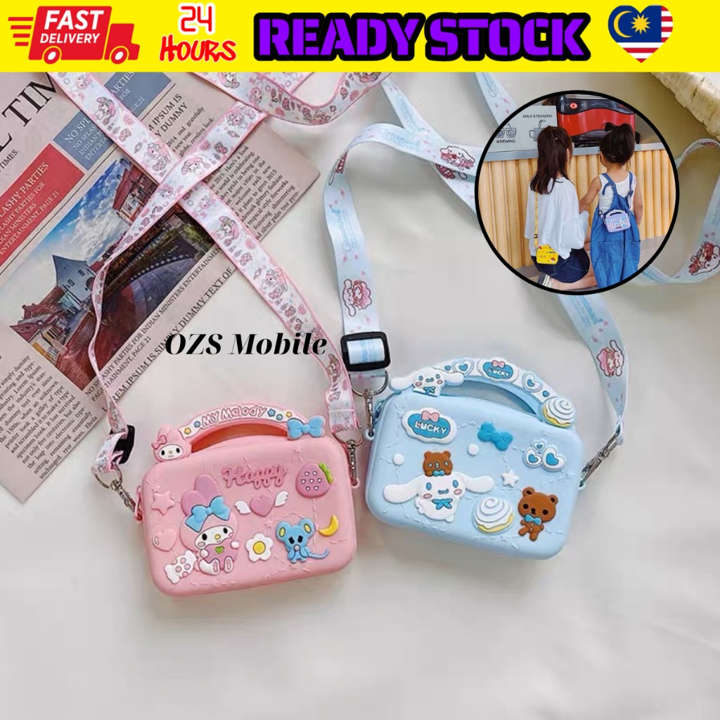 Cartoon handbag wallet sling long strap silicon material cute candy color pink purple accessories