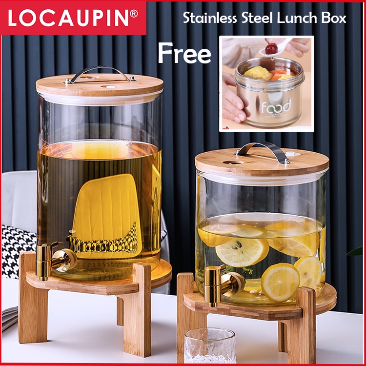 Locaupin Glass Beverage Dispenser with Gold Stainless Steel Spigot Wide Mouth Easy Filling Cold For Outdoor, Parties