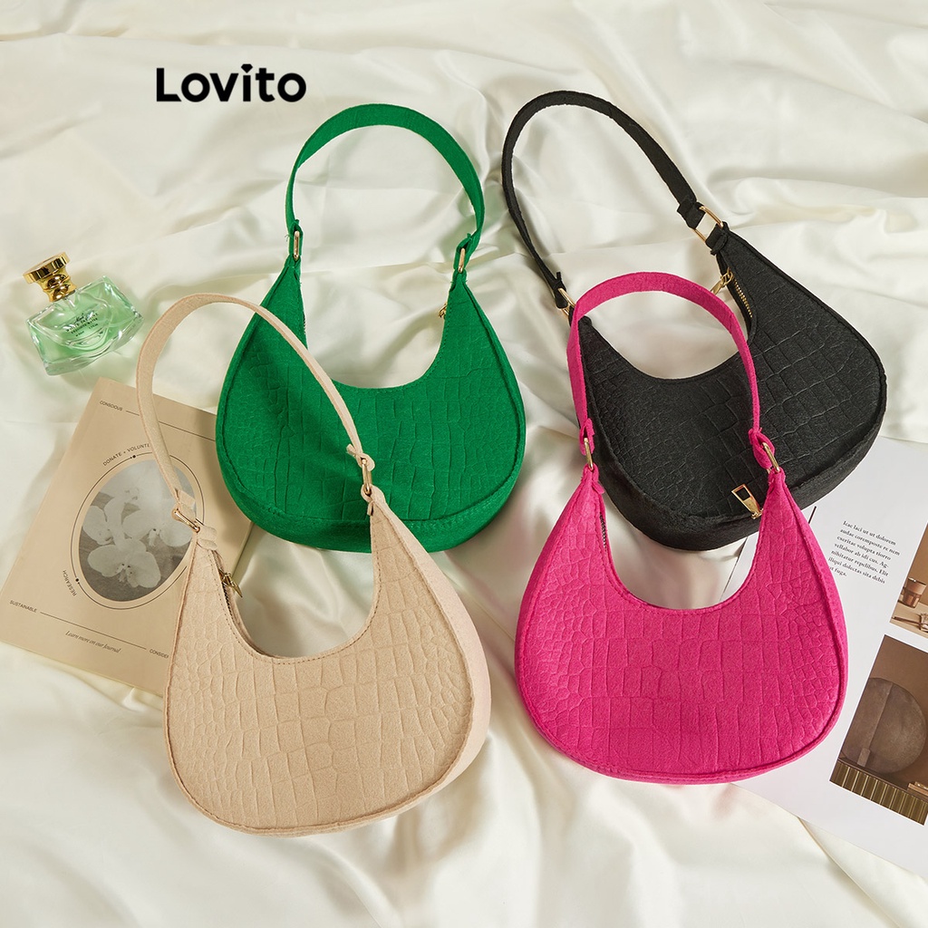 Lovito Casual Plain Cute Hobo Tote Handbag Retro Classic Purse Clutch Shoulder Bag for Women L63AD324 (Khaki/Hot Pink/Green/Black)